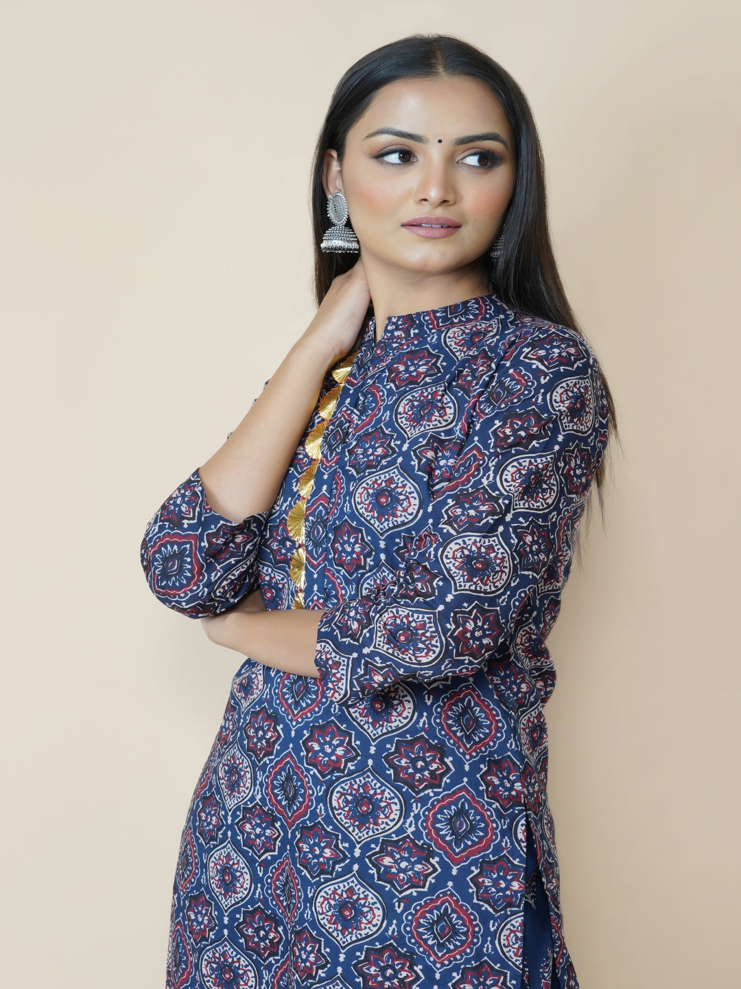 Navy Ajrakh Print Straight Kurta Only