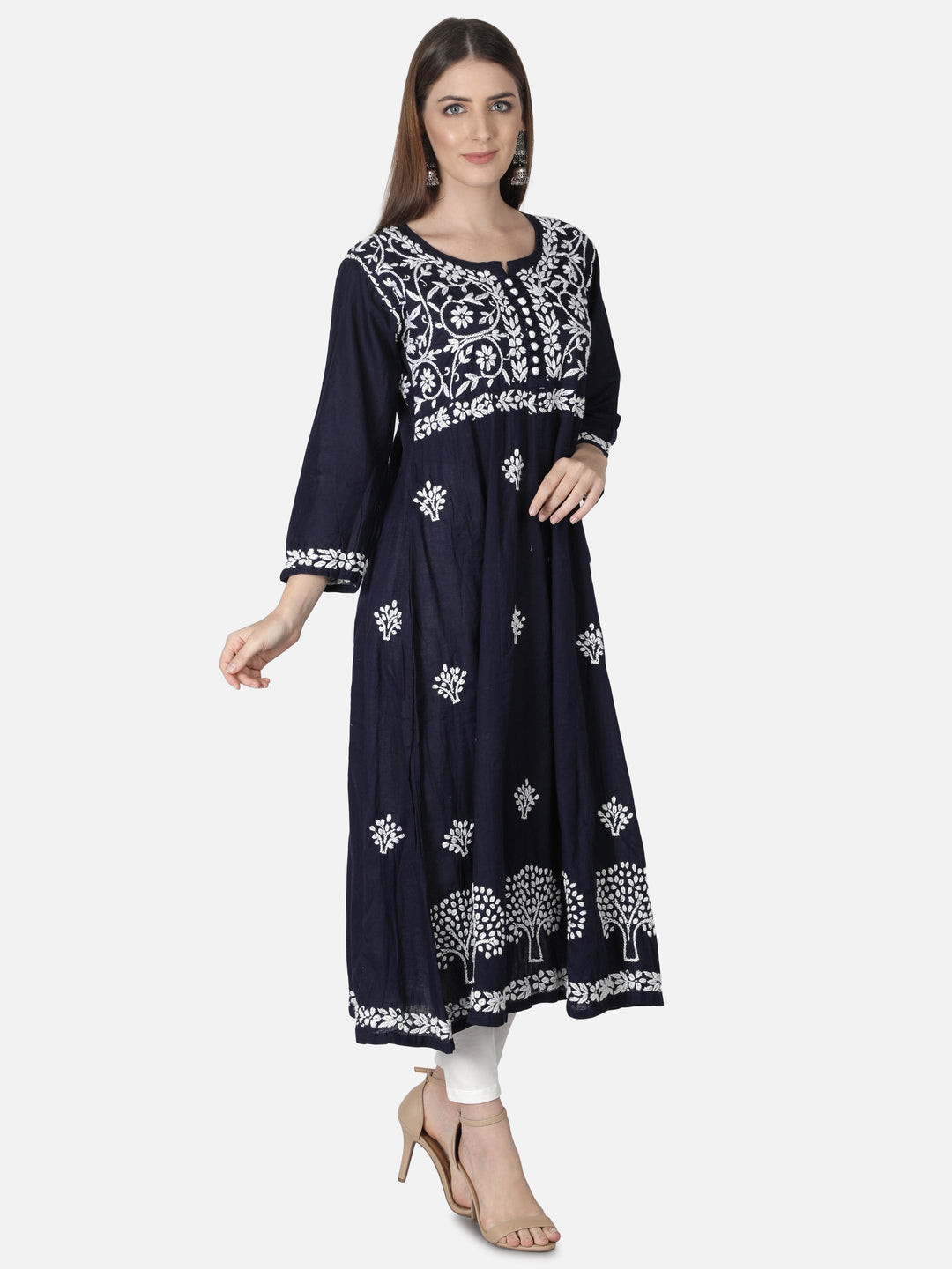 Navy Blue A-Line Kurta in Ghaspatti-Phanda Work