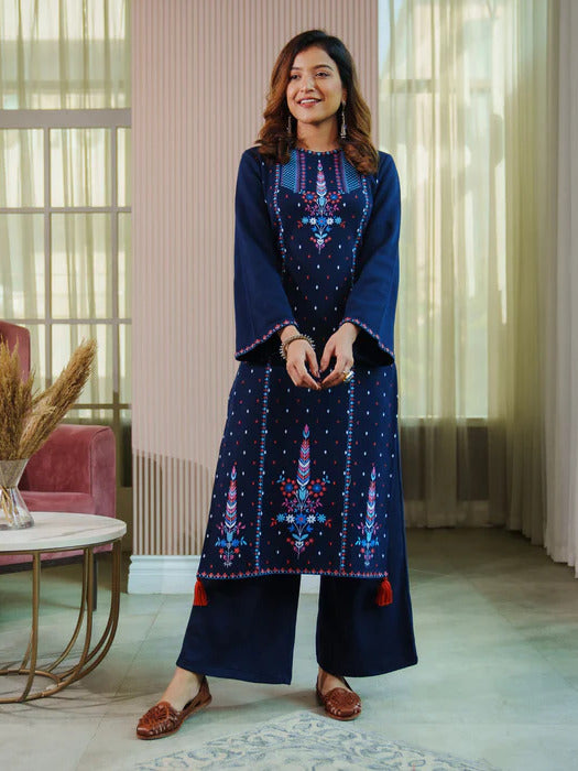 Navy Blue Acrylic High Slit Kurta with Tassel