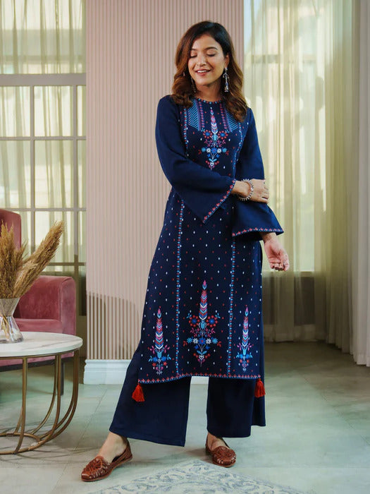 Navy Blue Acrylic High Slit Kurta with Tassel