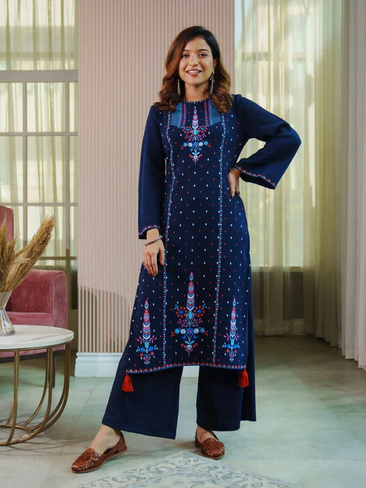 Navy Blue Acrylic High Slit Kurta with Tassel