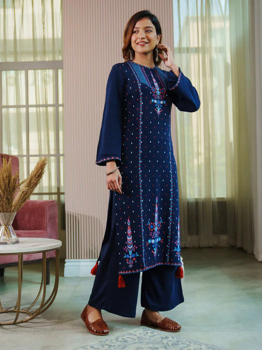 Navy Blue Acrylic High Slit Kurta with Tassel