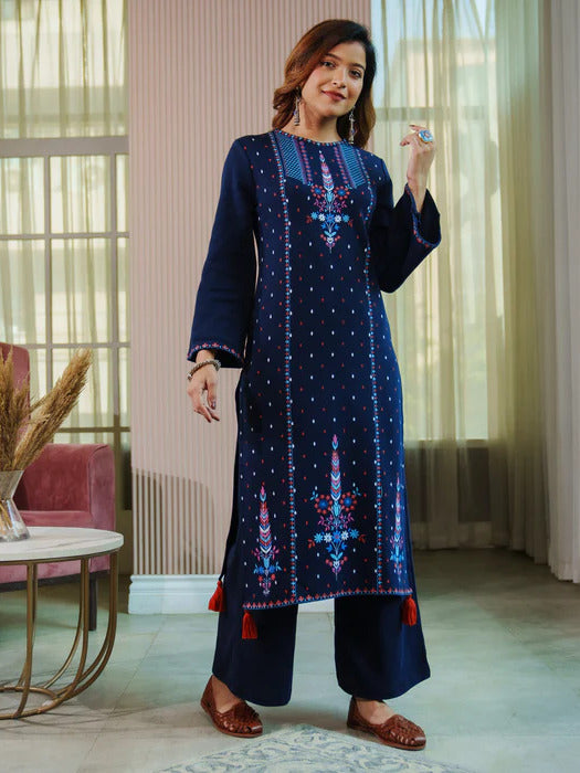 Navy Blue Acrylic High Slit Kurta with Tassel