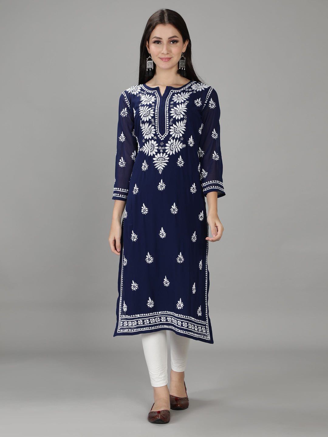 Navy Blue Chikan Kurta in White Chikan Threadwork