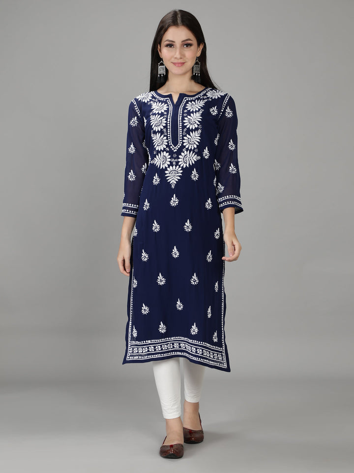 Navy Blue Chikan Kurta in White Chikan Threadwork