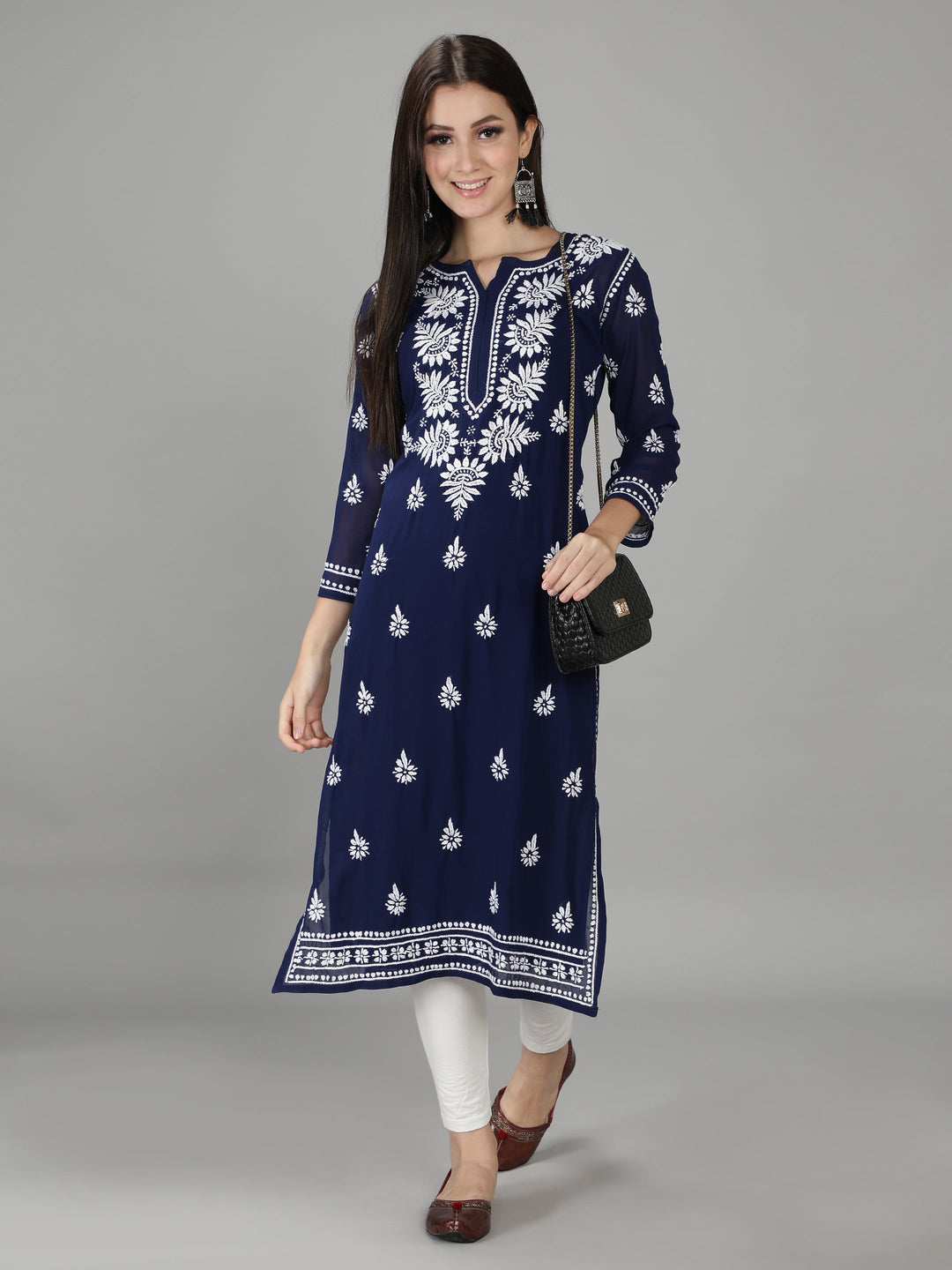 Navy Blue Chikan Kurta in White Chikan Threadwork