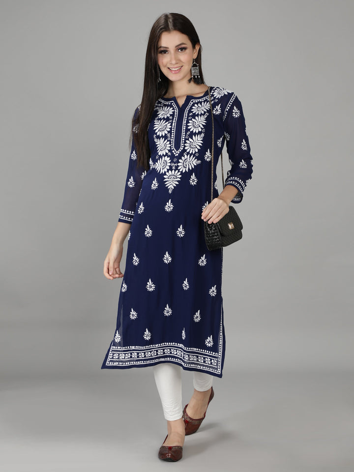 Navy Blue Chikan Kurta in White Chikan Threadwork