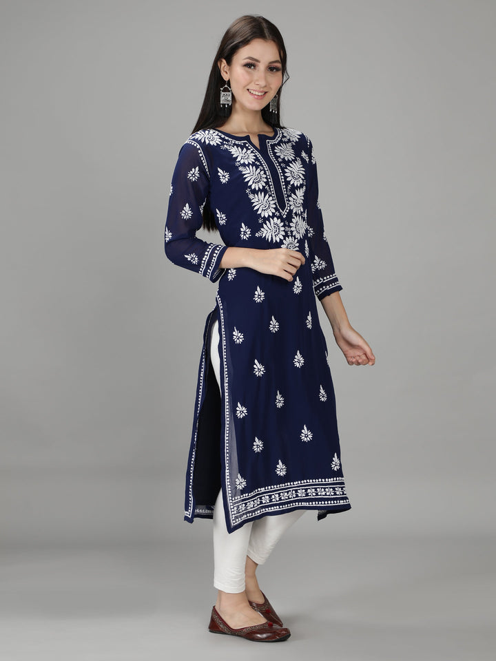 Navy Blue Chikan Kurta in White Chikan Threadwork