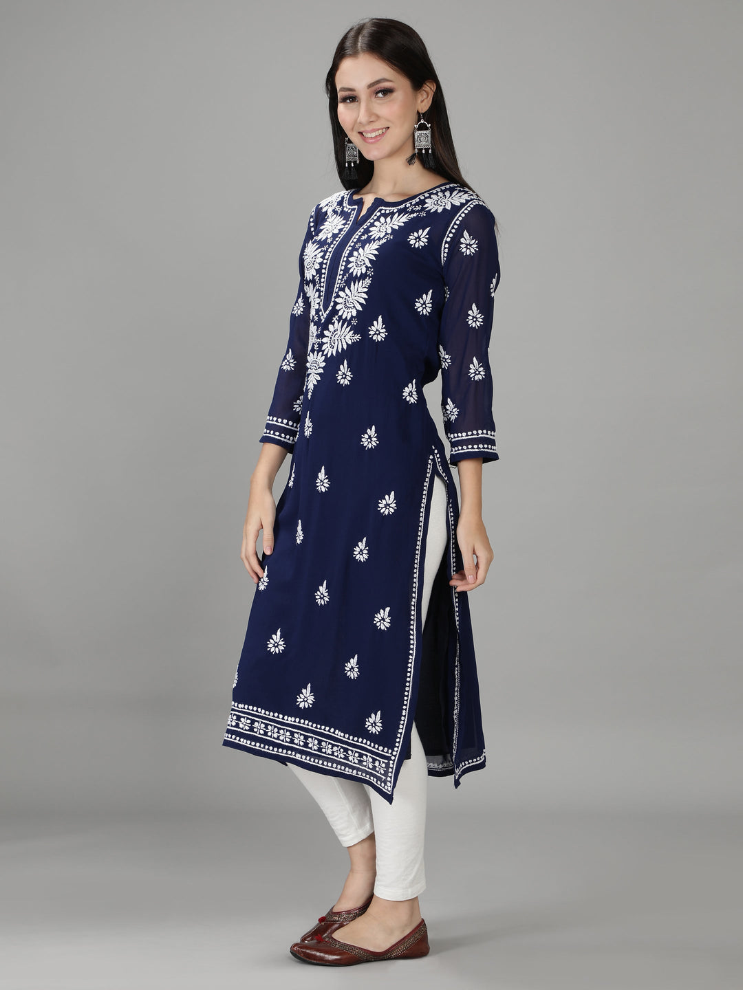 Navy Blue Chikan Kurta in White Chikan Threadwork