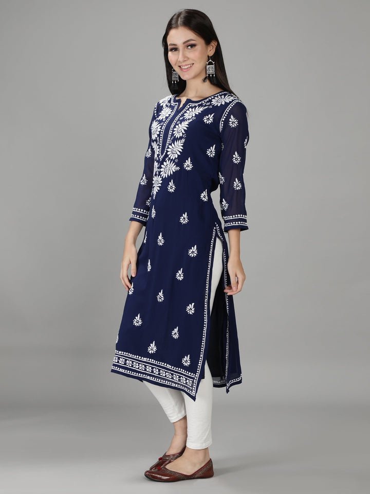 Navy Blue Chikan Kurta in White Chikan Threadwork