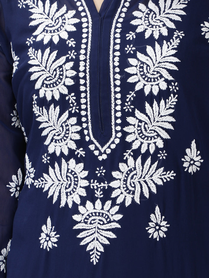 Navy Blue Chikan Kurta in White Chikan Threadwork