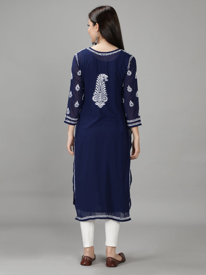 Navy Blue Chikan Kurta in White Chikan Threadwork
