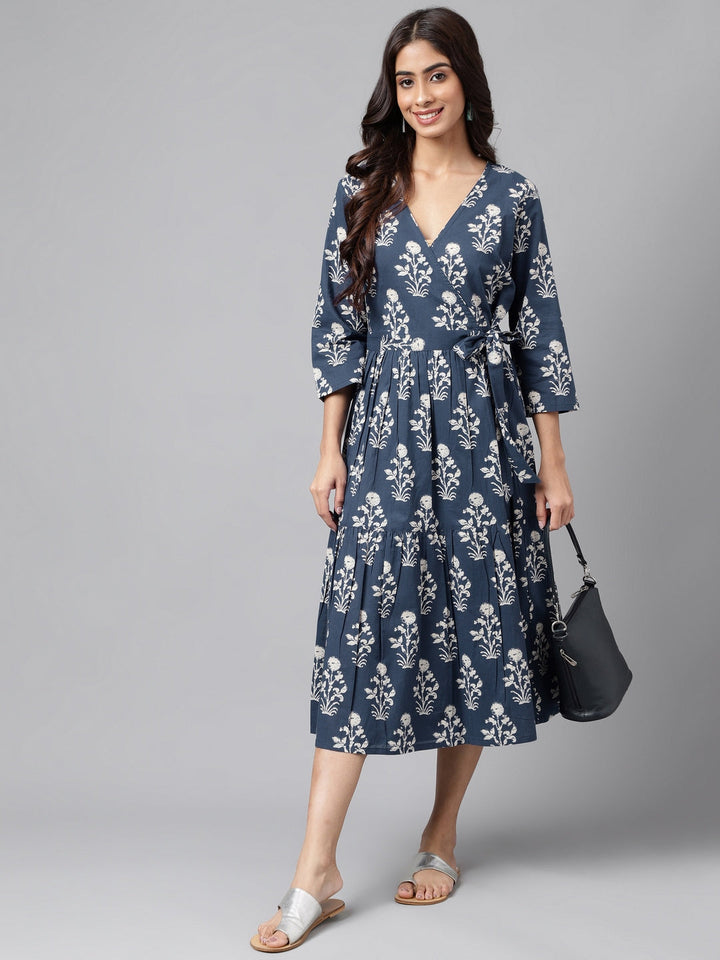 Navy Blue Cotton Floral Printed Casual Wrap Dress