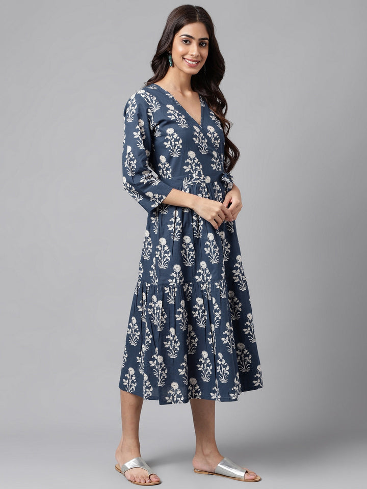 Navy Blue Cotton Floral Printed Casual Wrap Dress