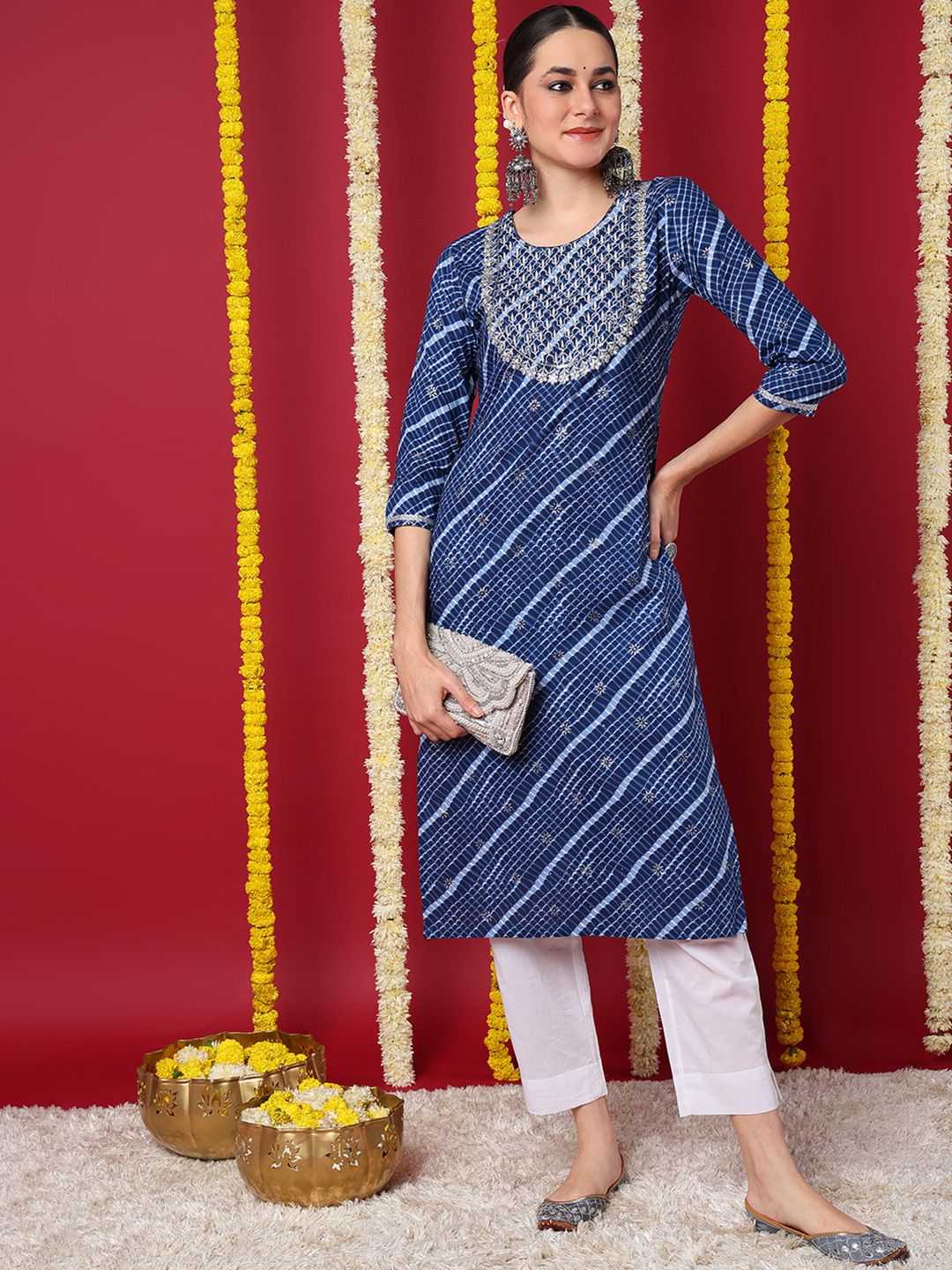 ZERESOUQ-Navy-Blue-Cotton-Leheriya-Printed-Straight-Kurta