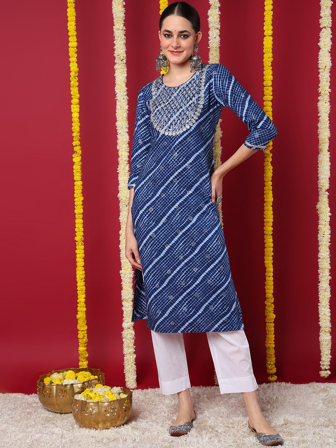 ZERESOUQ-Navy-Blue-Cotton-Leheriya-Printed-Straight-Kurta