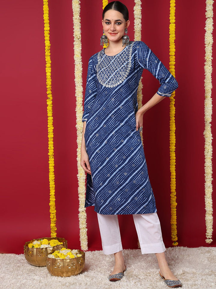 ZERESOUQ-Navy-Blue-Cotton-Leheriya-Printed-Straight-Kurta