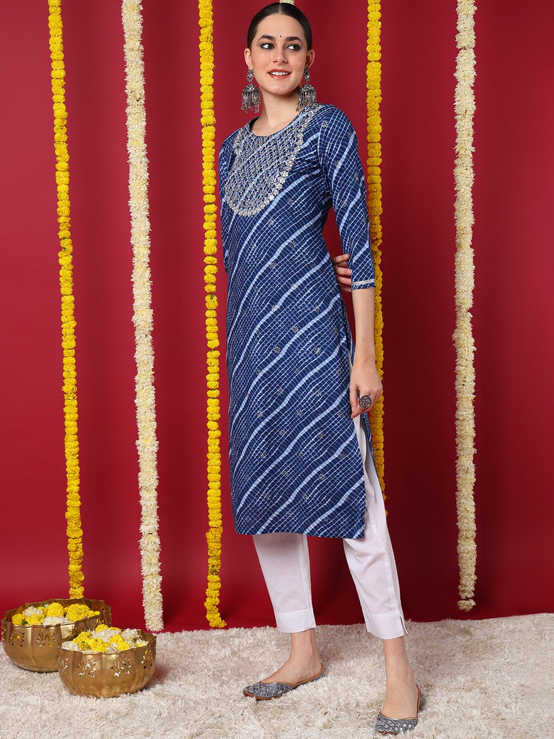 ZERESOUQ-Navy-Blue-Cotton-Leheriya-Printed-Straight-Kurta