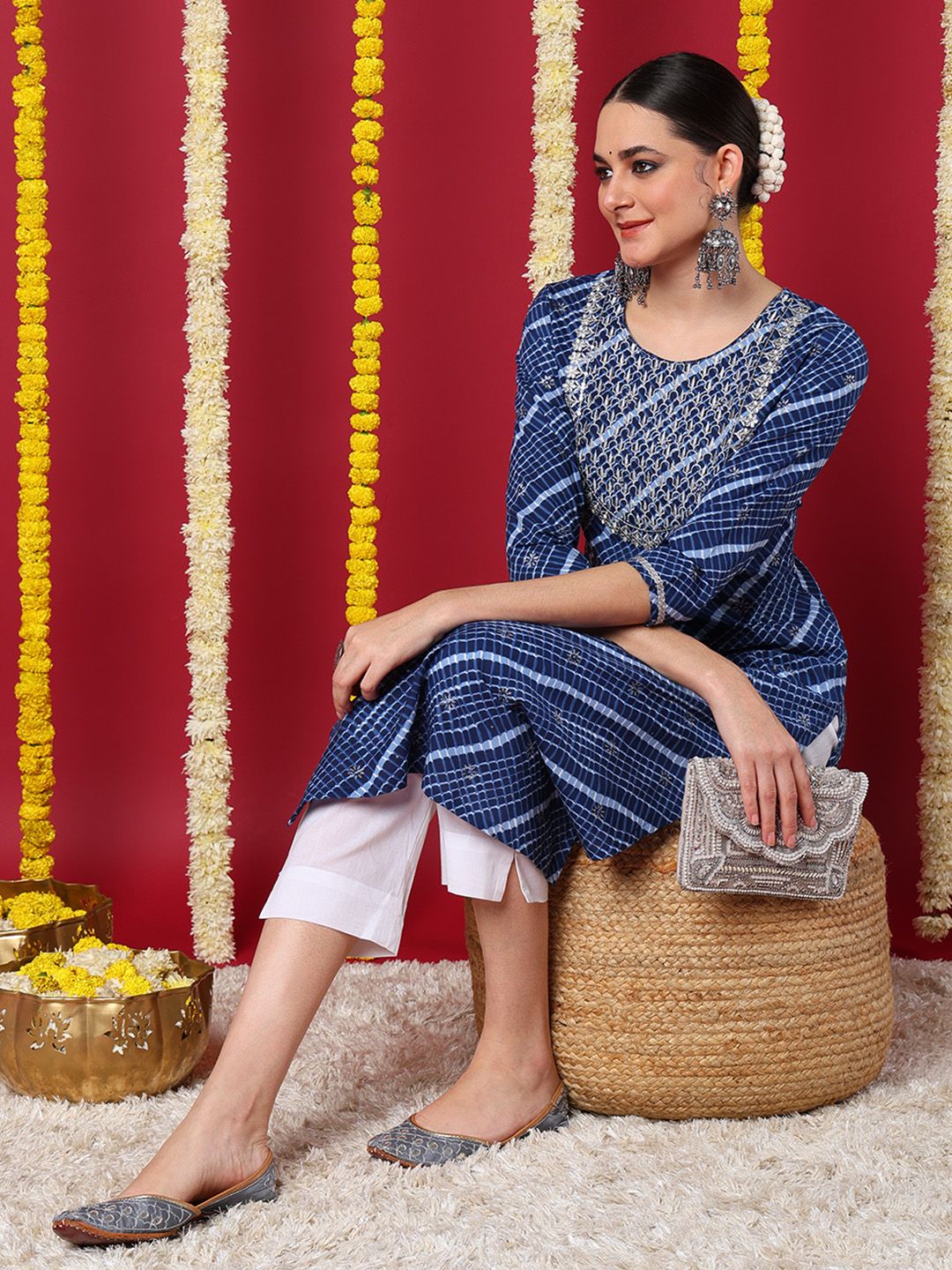 ZERESOUQ-Navy-Blue-Cotton-Leheriya-Printed-Straight-Kurta