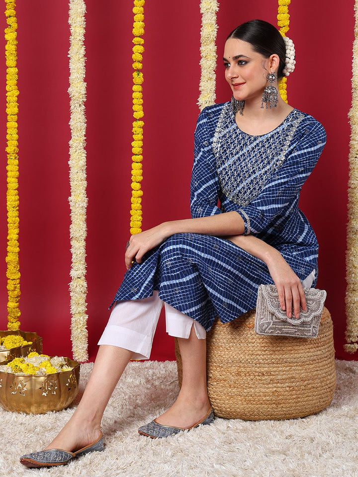 ZERESOUQ-Navy-Blue-Cotton-Leheriya-Printed-Straight-Kurta