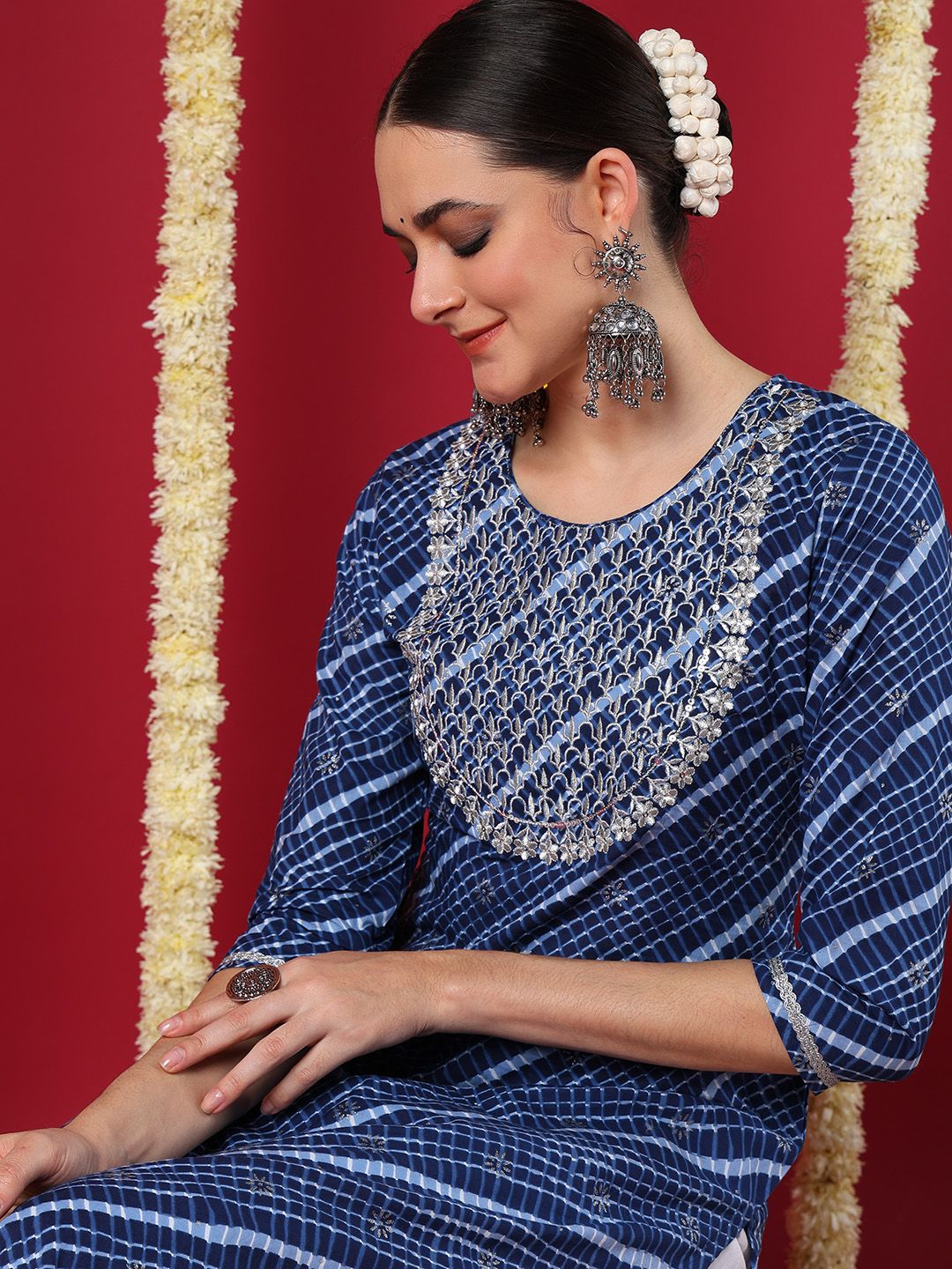 ZERESOUQ-Navy-Blue-Cotton-Leheriya-Printed-Straight-Kurta