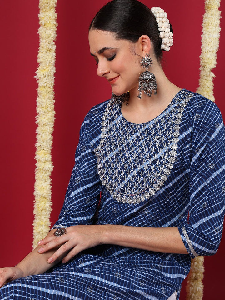 ZERESOUQ-Navy-Blue-Cotton-Leheriya-Printed-Straight-Kurta