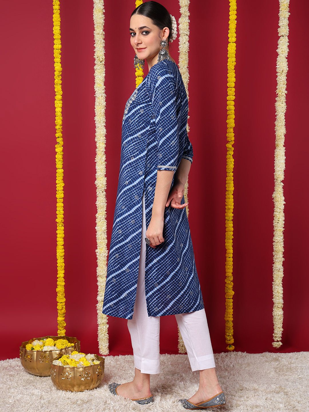 ZERESOUQ-Navy-Blue-Cotton-Leheriya-Printed-Straight-Kurta