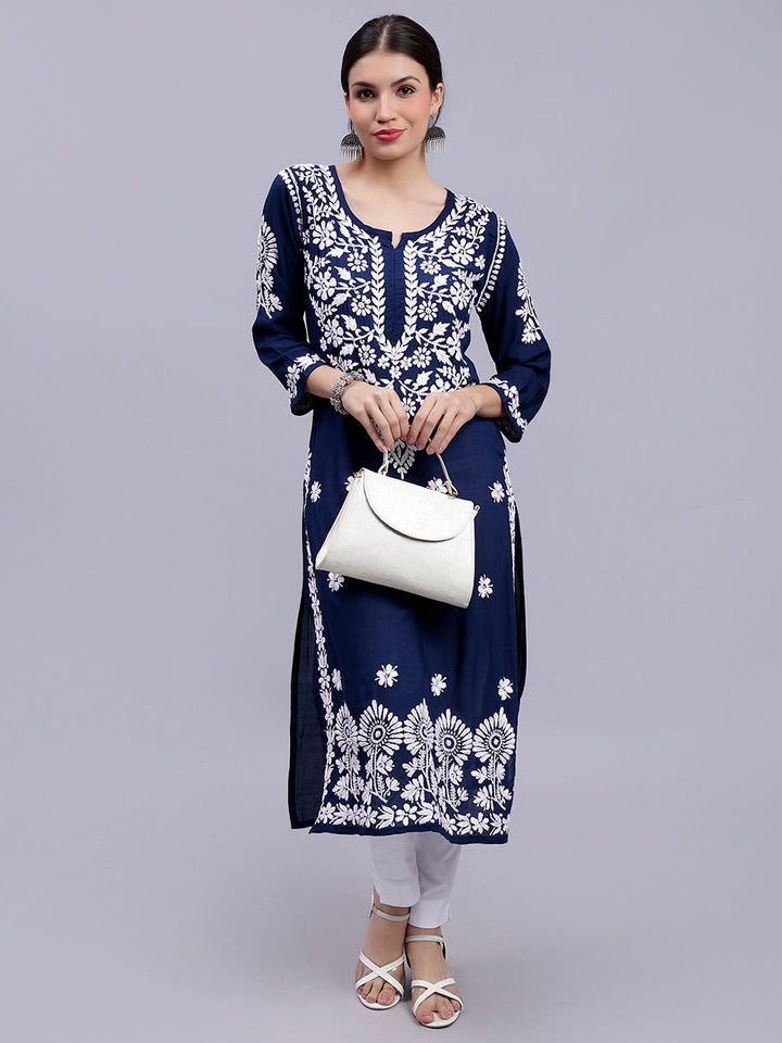 Navy Blue Cotton Lucknowi Chikankari Embroidered Kurti