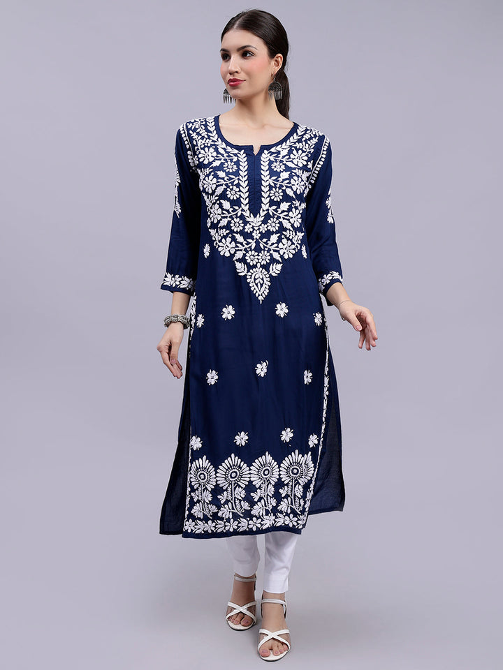 Navy Blue Cotton Lucknowi Chikankari Embroidered Kurti