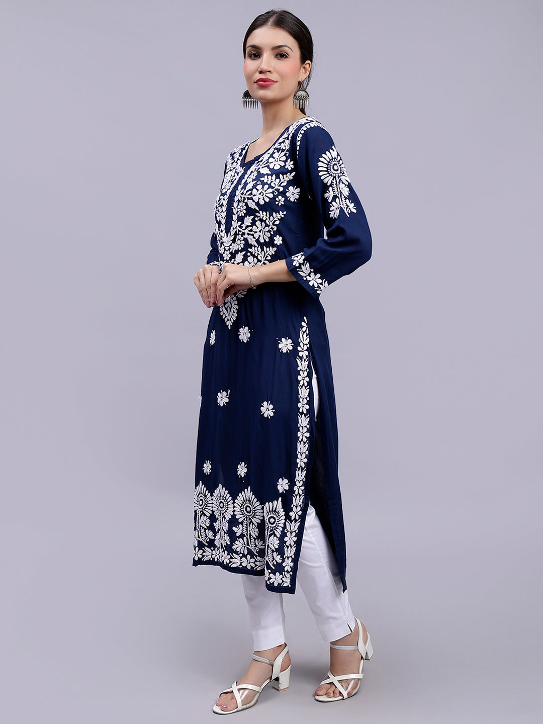 Navy Blue Cotton Lucknowi Chikankari Embroidered Kurti