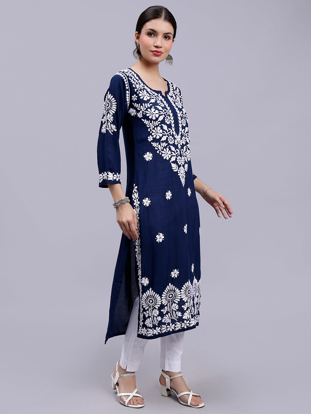 Navy Blue Cotton Lucknowi Chikankari Embroidered Kurti