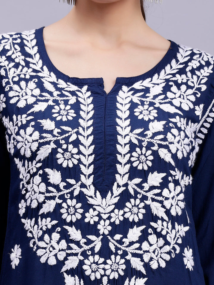 Navy Blue Cotton Lucknowi Chikankari Embroidered Kurti