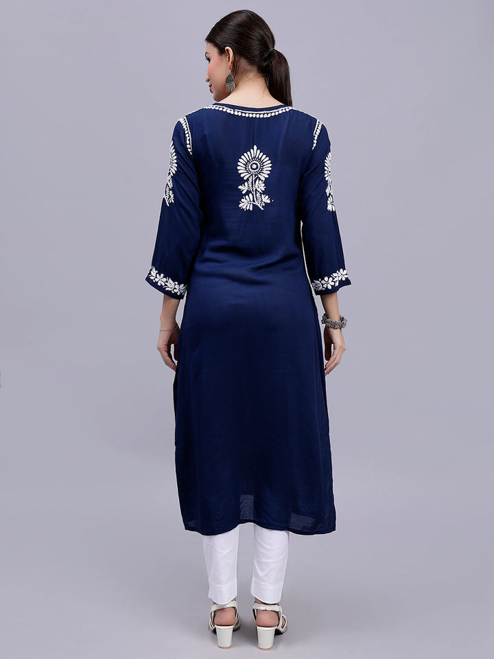 Navy Blue Cotton Lucknowi Chikankari Embroidered Kurti