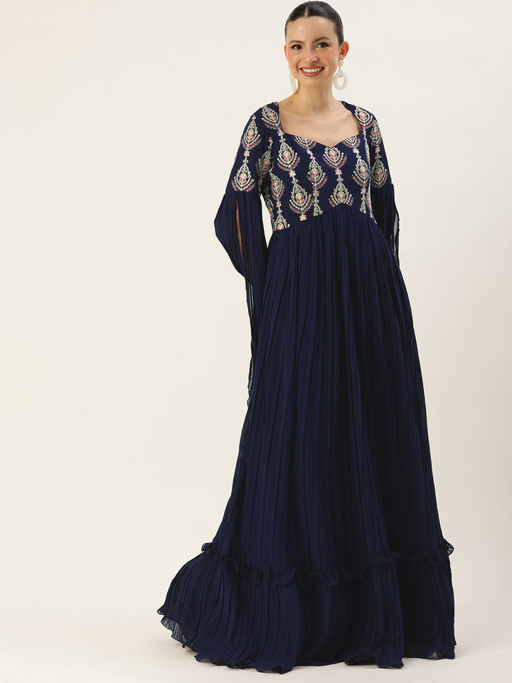 Navy Blue Embroidered Pleated Georgette Gown