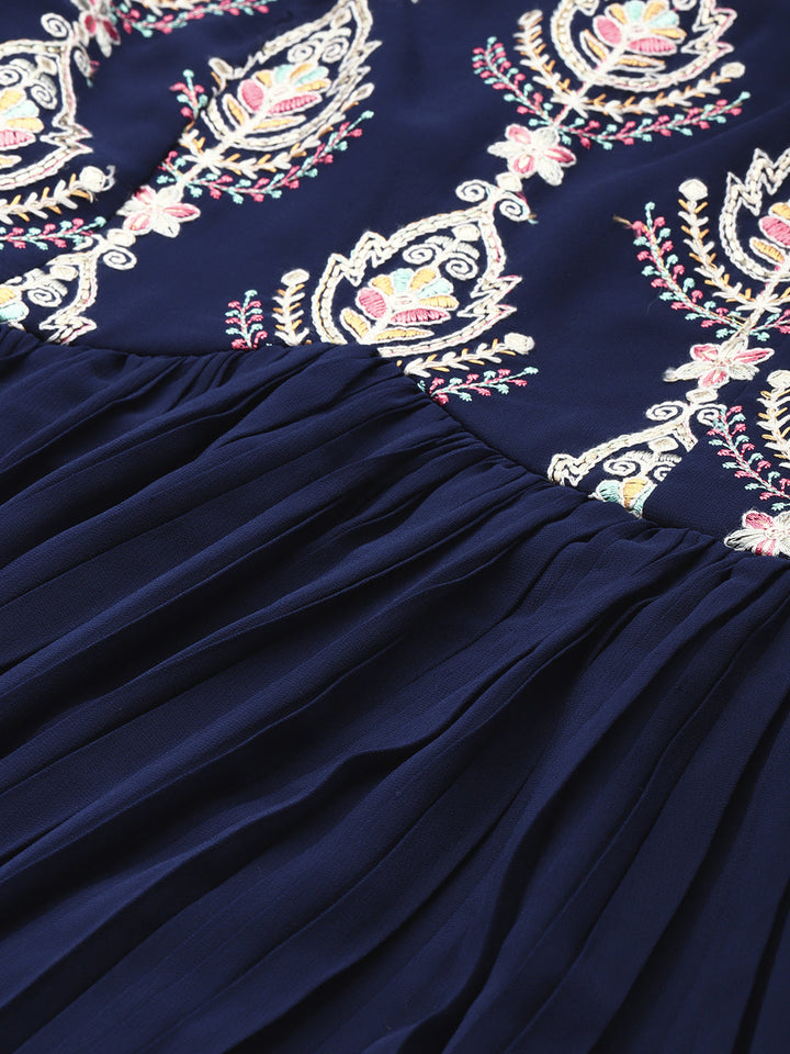 Navy Blue Embroidered Pleated Georgette Gown