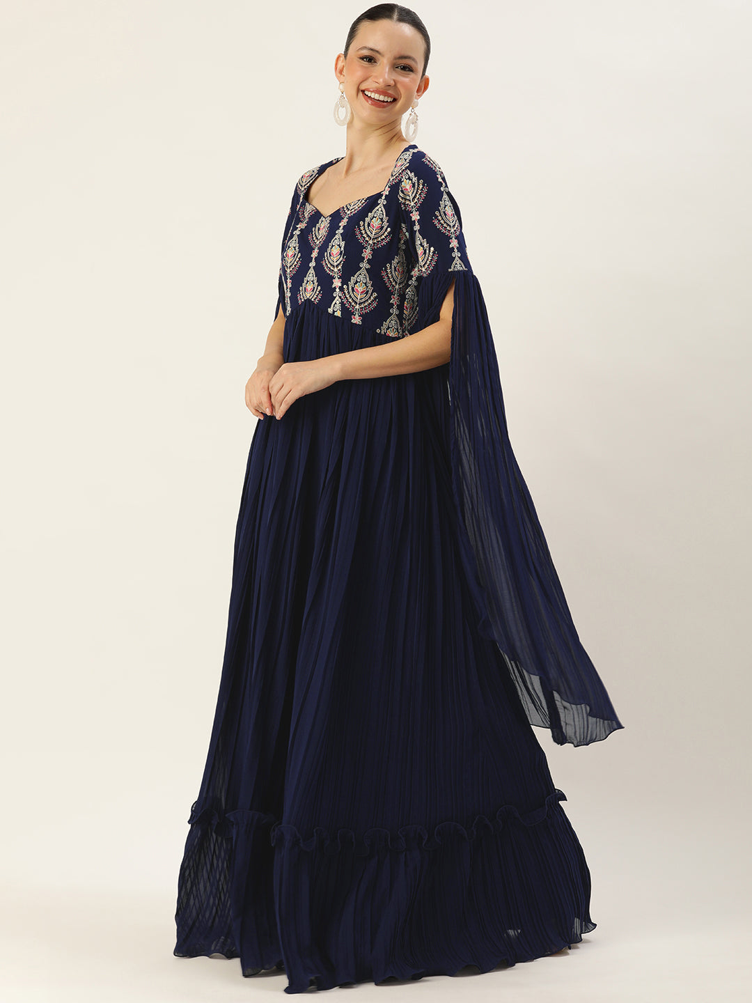 Navy Blue Embroidered Pleated Georgette Gown