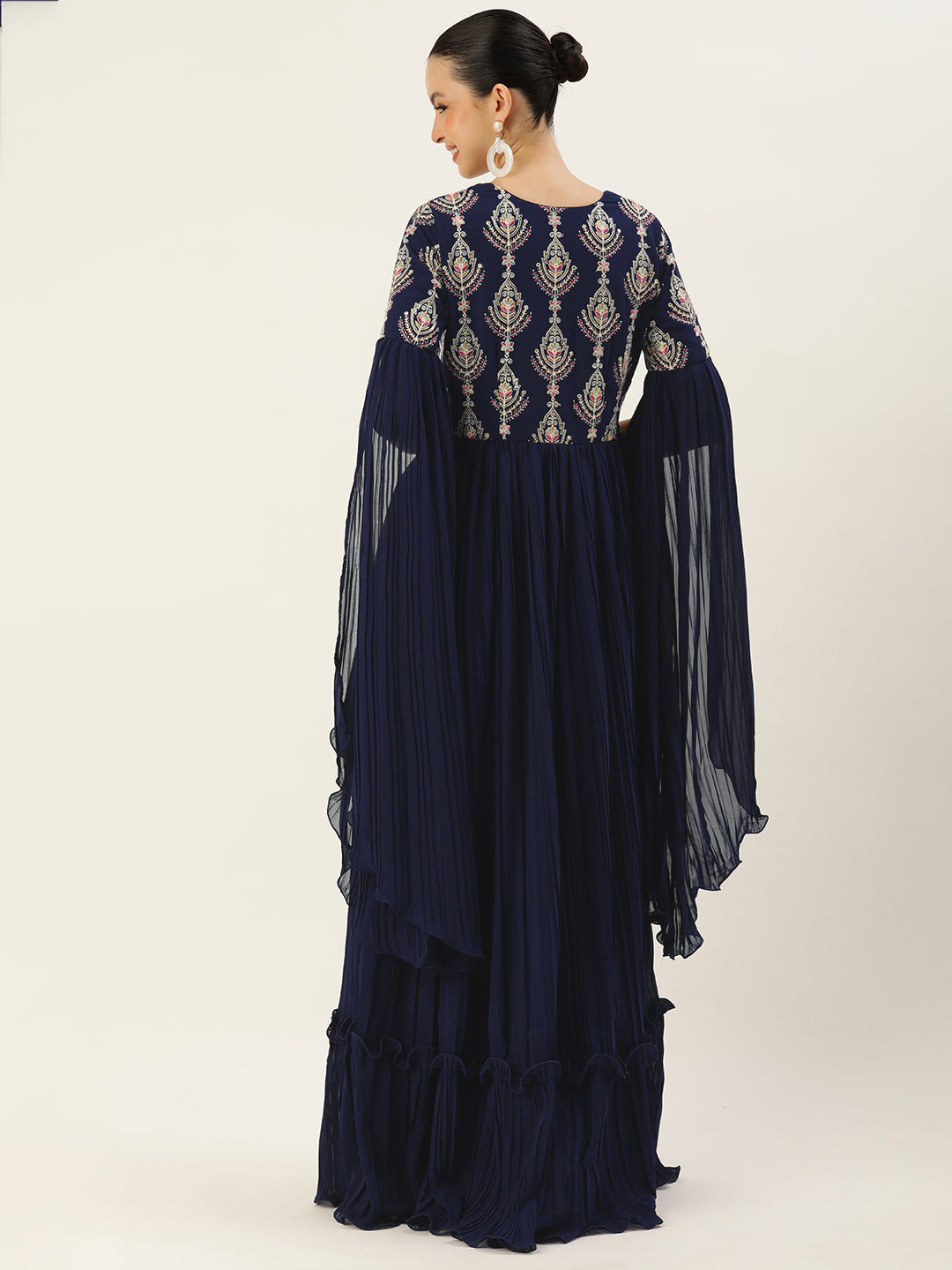 Navy Blue Embroidered Pleated Georgette Gown