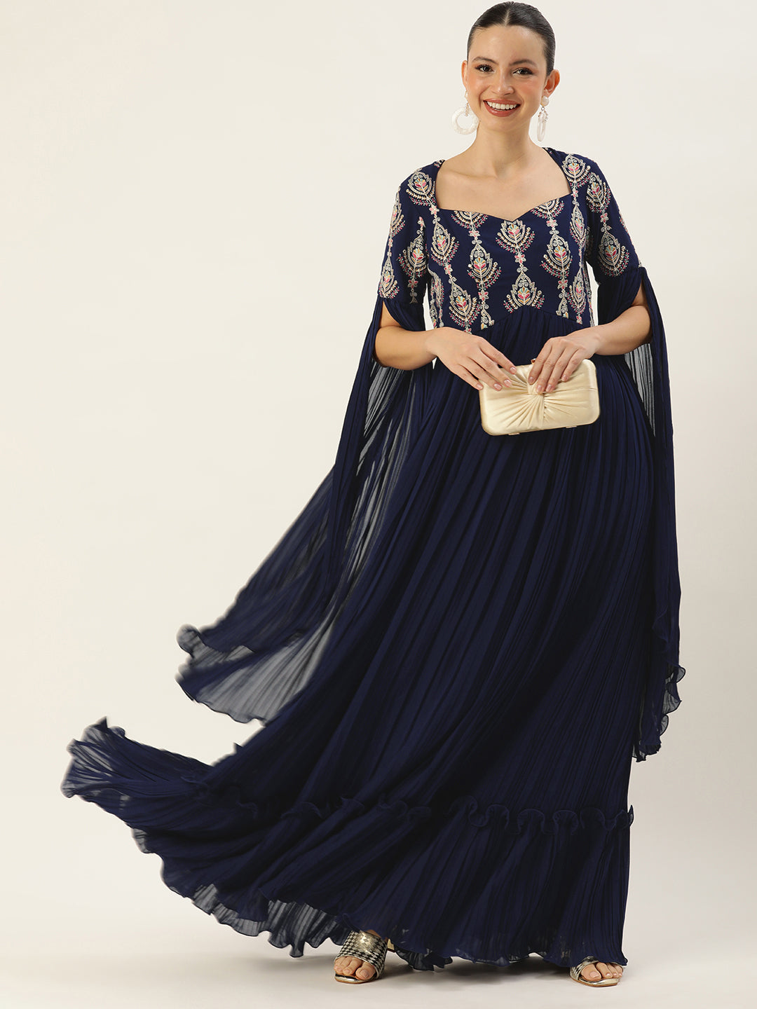 Navy Blue Embroidered Pleated Georgette Gown