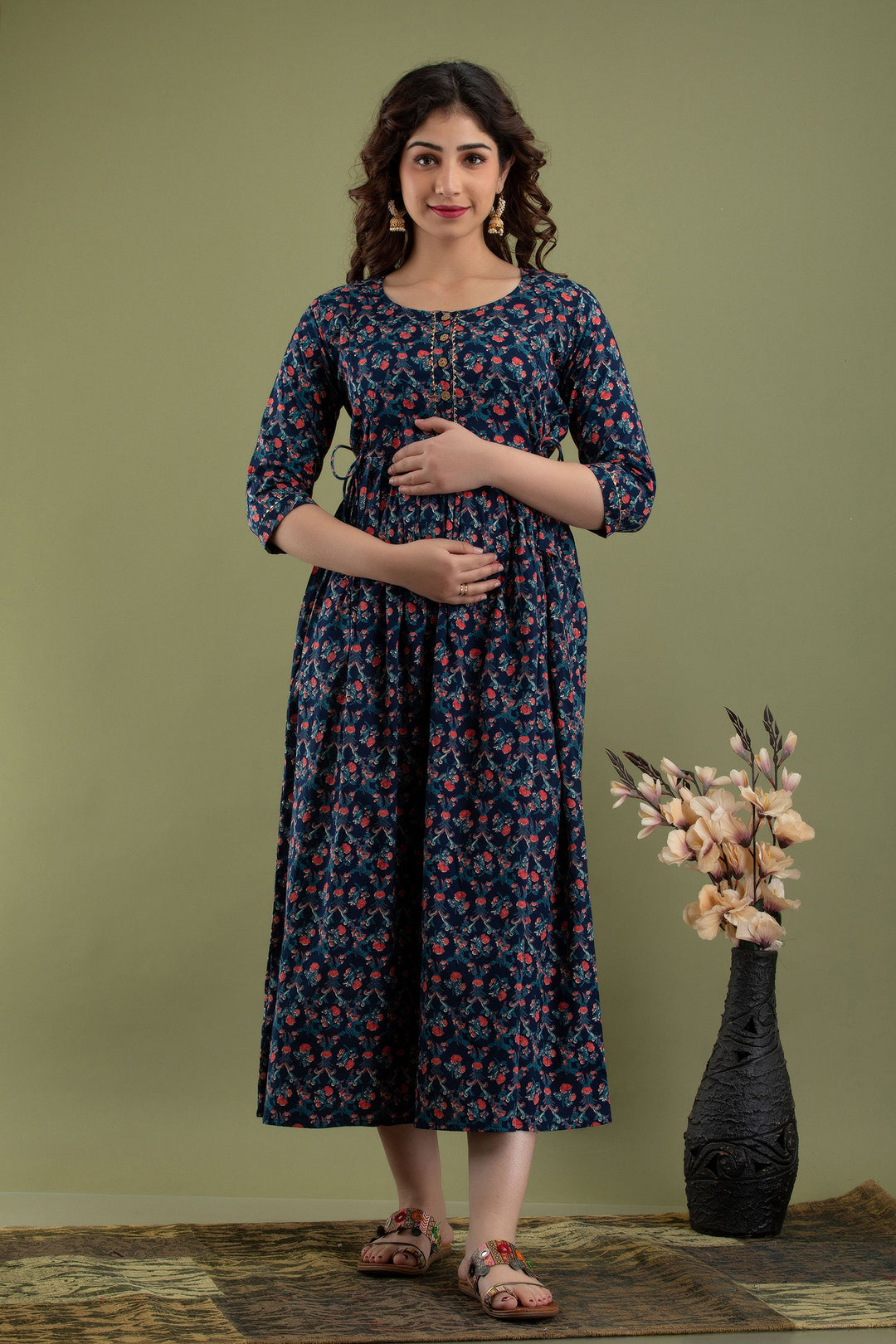 Navy-Blue-Floral-Maternity-Baby-Feeding-Dress