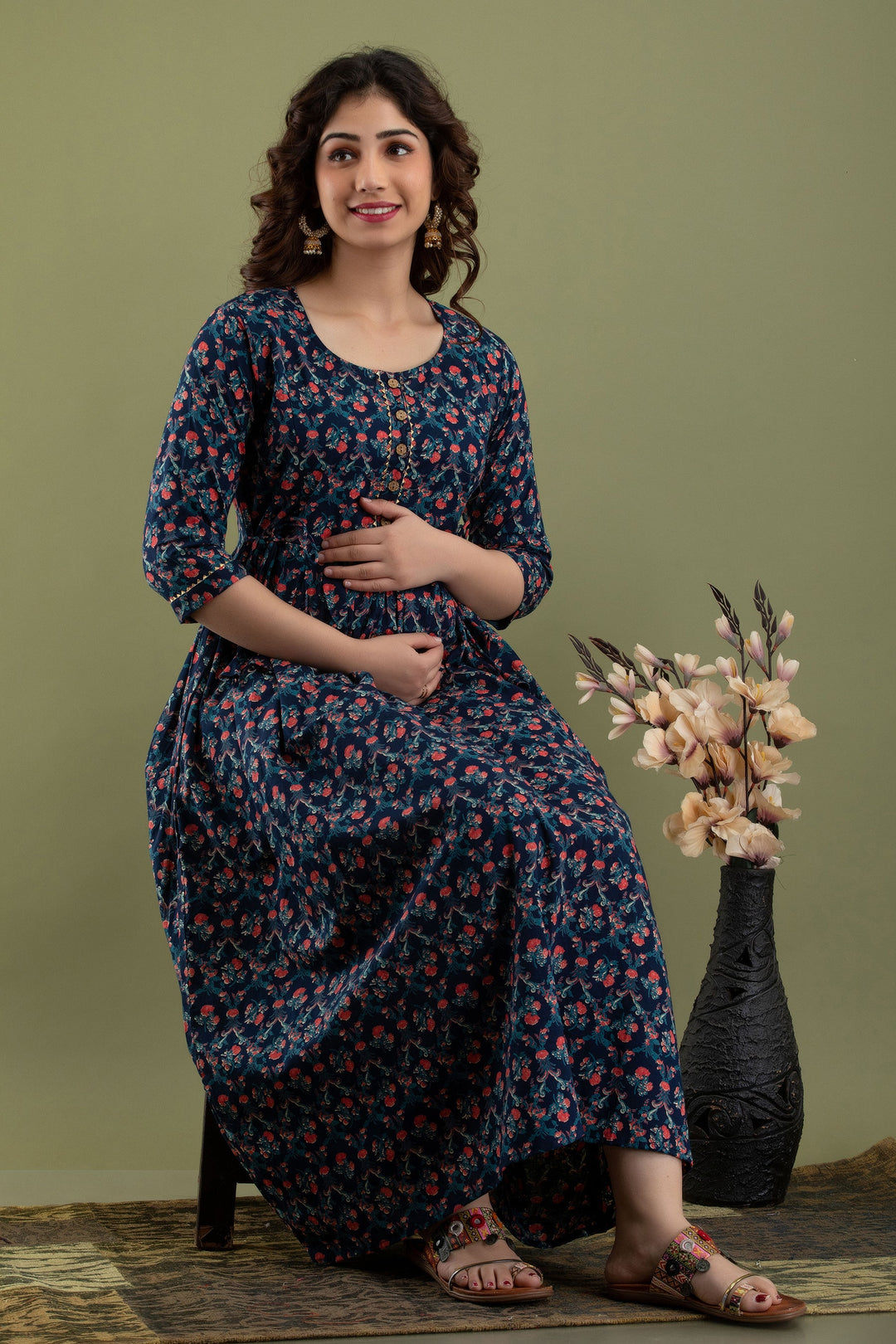 Navy-Blue-Floral-Maternity-Baby-Feeding-Dress