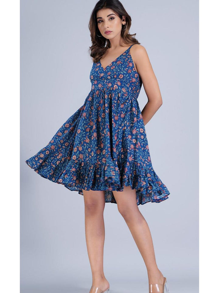 Navy Blue Floral Printed Short Strappy Dress
