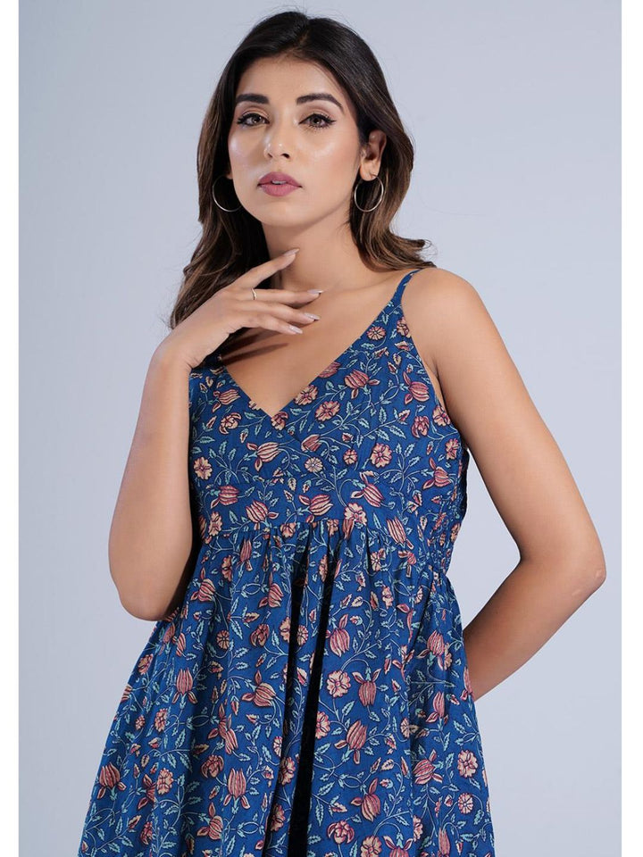 Navy Blue Floral Printed Short Strappy Dress