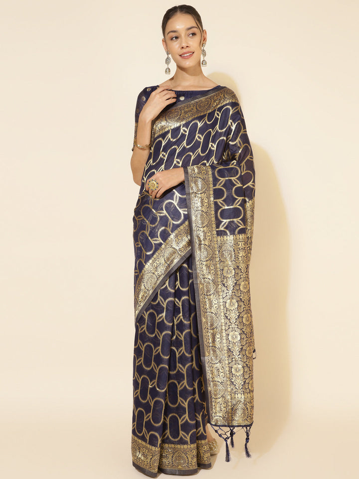 Navy Blue Geometric Woven Chanderi Silk Festive Saree