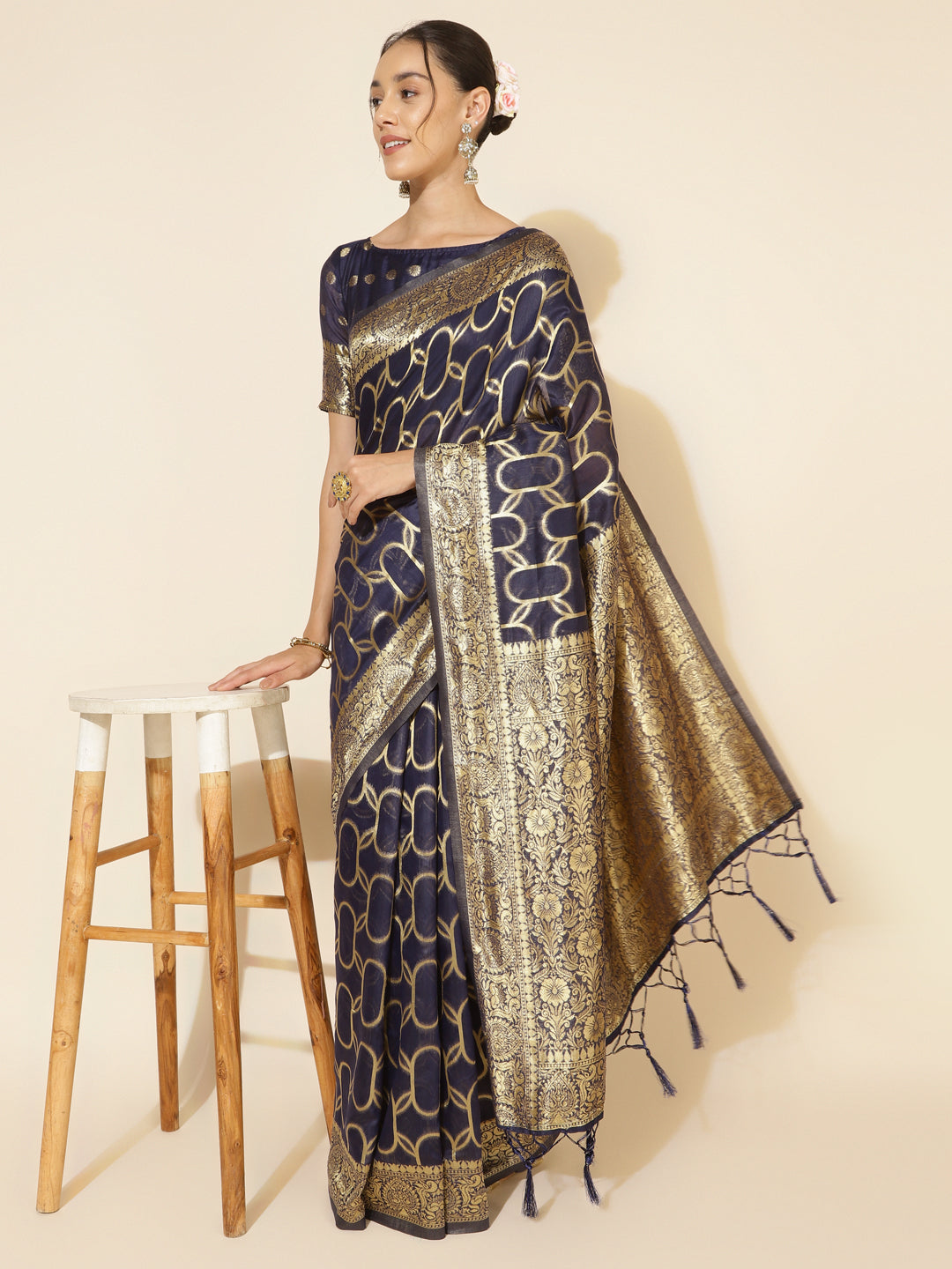 Navy Blue Geometric Woven Chanderi Silk Festive Saree