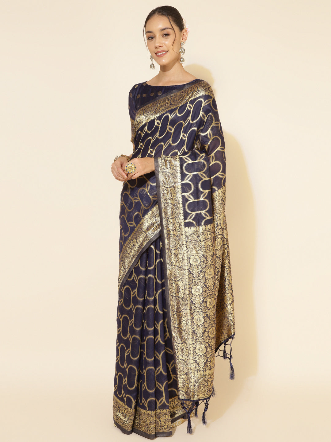 Navy Blue Geometric Woven Chanderi Silk Festive Saree