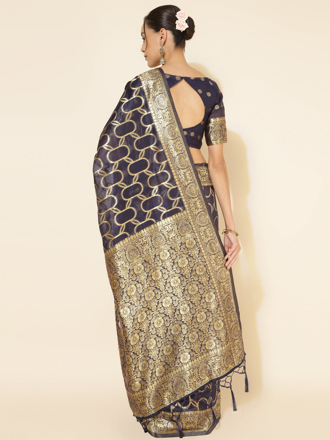 Navy Blue Geometric Woven Chanderi Silk Festive Saree