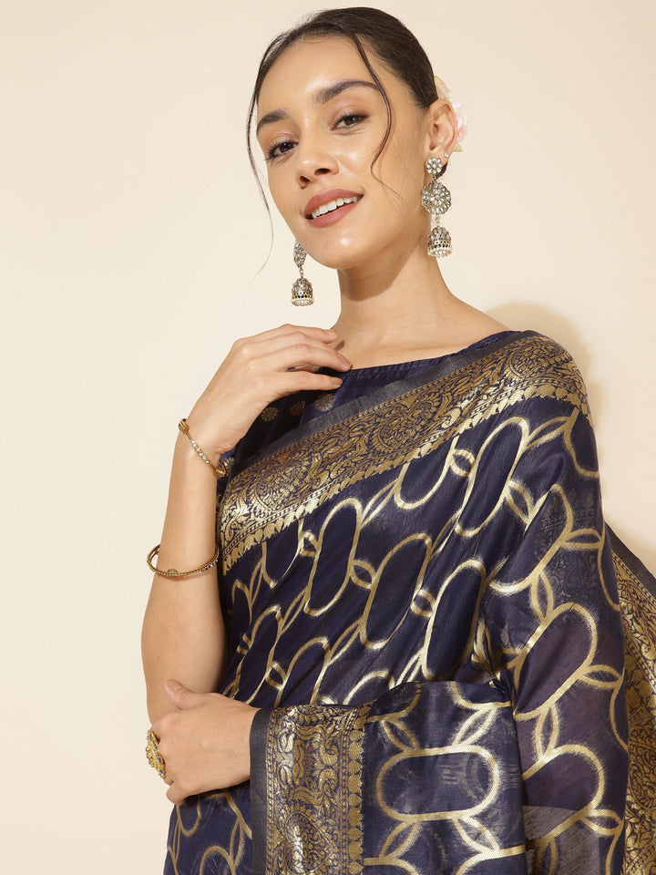 Navy Blue Geometric Woven Chanderi Silk Festive Saree