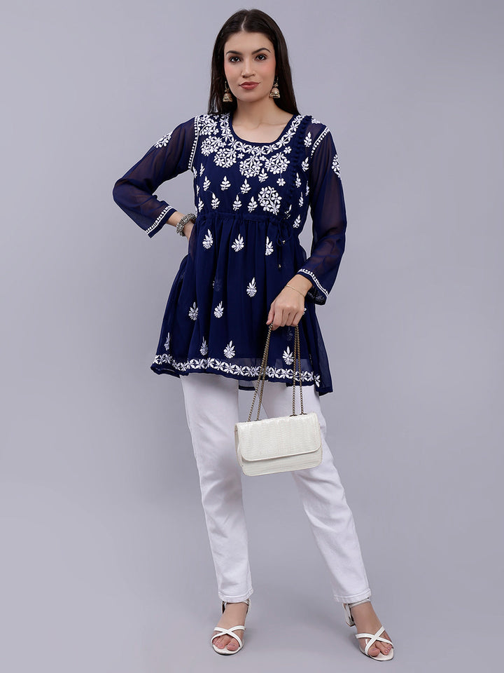 Navy Blue Georgette Angarkha Chikankari Tunic With Slip