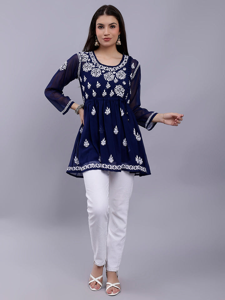 Navy Blue Georgette Angarkha Chikankari Tunic With Slip