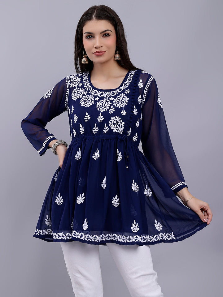 Navy Blue Georgette Angarkha Chikankari Tunic With Slip